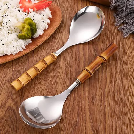 KATELV Colher De Arroz Com Cabo De Bambu Real 304 Concha De Aço Inoxidável Big Spoon Serving