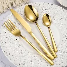 Conjunto De Talheres Com Alça Quadrada Dourada , 4 Peças , Faca , Garfo , Colher De Chá , Espelho , Polonês ,
