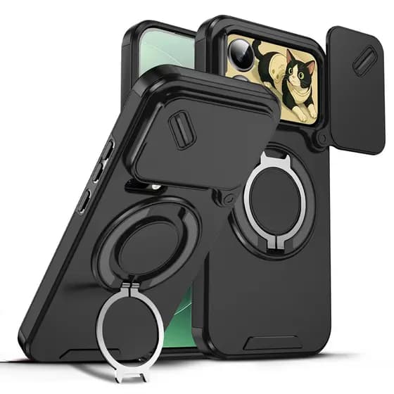 Para Xiaomi 17 Pro Max , 17 Pro Caso ELVEV Duro PC Deslizante Câmera Capa De Telefone Anti-Perdido Com Anel Rotativo