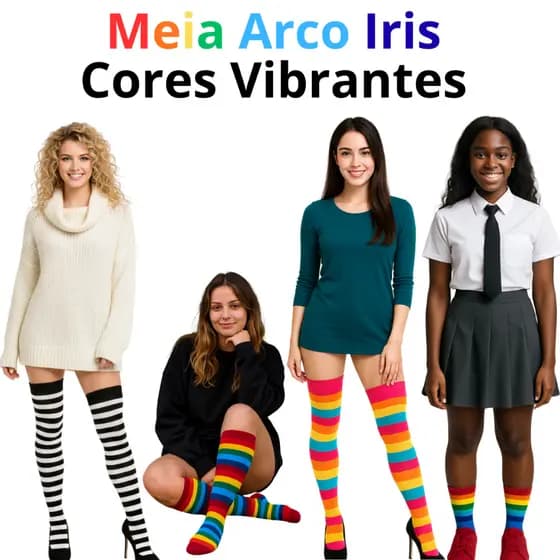 Meia Colorida Cano Médio Alta Longa Arco Iris Moda Fantasia Infantil Juvenil Adulto Cosplay 34 ao 40