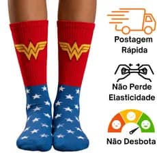 Meia Divertida Cano Alto Algodão Personagem Mulher Maravilha Meia Maluca Academia Corrida Crossfit