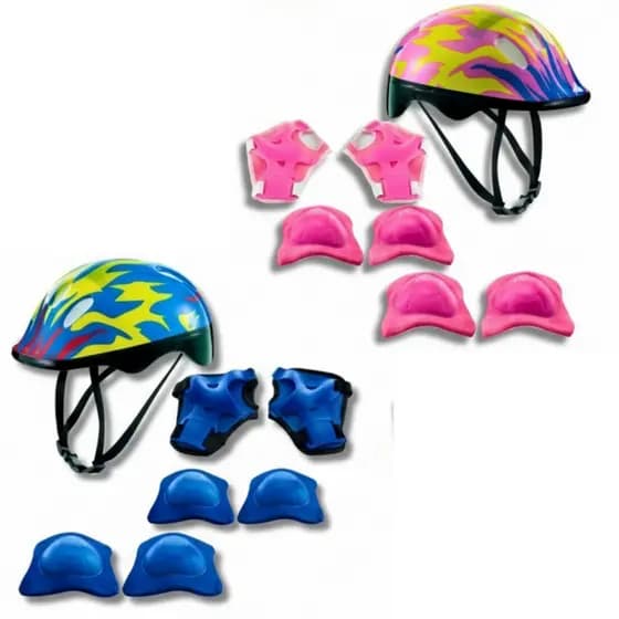 Kit Infantil de Proteção Zippy Toys com Capacete Desenho de Chamas Joelheiras e Cotoveleiras