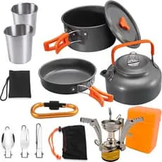 Kit Camping com Fogareiro Panelas Copos Inox Talheres Chaleira Mosquetão Total de 15 itens