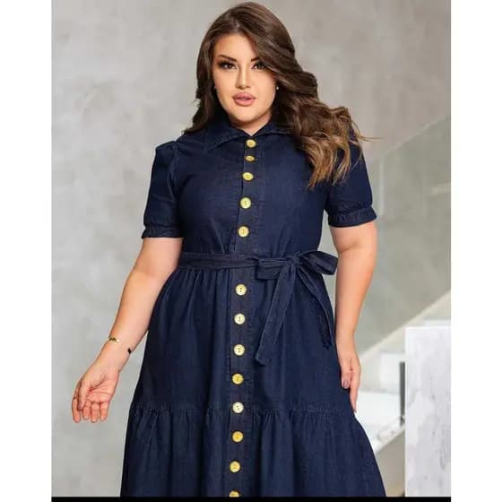 Vestido Longo Evasê Jeans Godê feminino com Botão