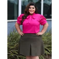 Blusa Feminina Plus Size Camisa Social Crepe Gola de Laço Curvy