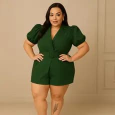 Macaquinho Feminino Alfaiataria Com Manga Princesa Plus Size Curvy