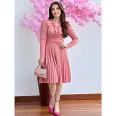 Vestido Princesa Godê Plissado Manga Longa com Cinto