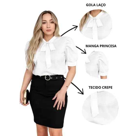 Blusa Camisa Social Crepe Gola de Laço Manga Princesa Congresso