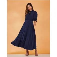 Vestido Longo Feminino Plissado com Cinto Manga Princesa