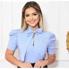 Blusa Camisa Social Romântica Laço e Botões de Pérola Manga Princesa