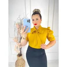 Blusa Camisa Social Feminina Crepe Gola de Laço Manga Princesa Cor Mostarda