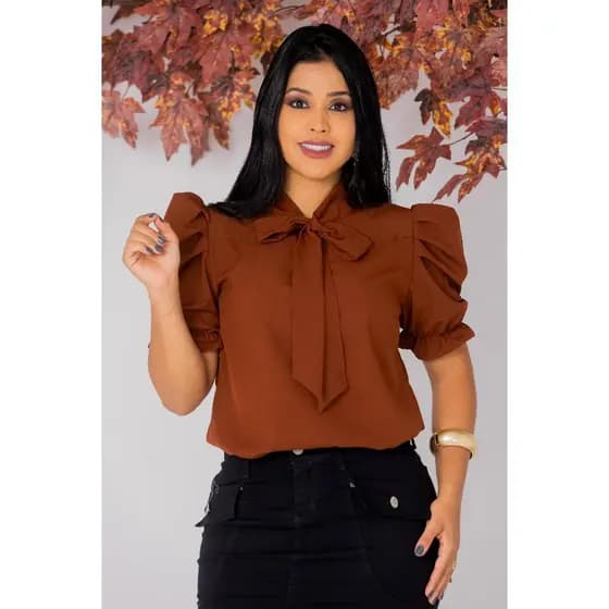 Blusa Camisa Social Crepe Gola de Laço Manga Princesa Marrom