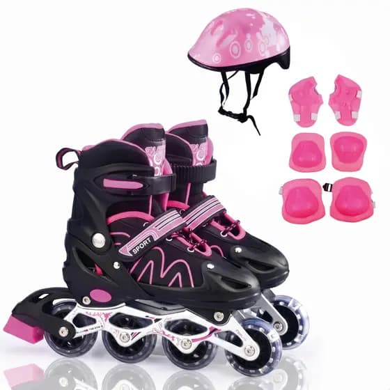 Patins 4 Rodas Infantil Ajustável Roller Inline Kit de Proteção Bolsa Capacete Menina e Menino