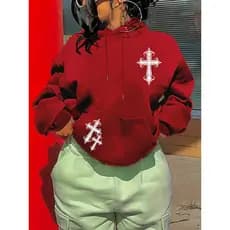 Moletom Canguru Feminino Com Estampa Estilosa De Cruz No Bolso Com Capuz Para O Frio