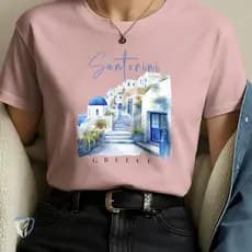 Camiseta Turística Estilo Santorini com Modelagem Confortável