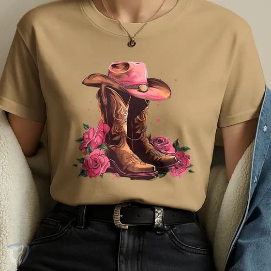 Camiseta Country Chic – Chapéu Cowboy, Rosas e Botas Femininas