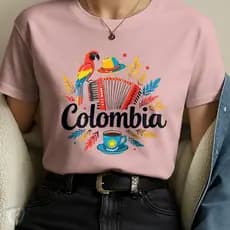 Camiseta Personalizada Colombia – Acordeón, Chapéu e Café Colombiano