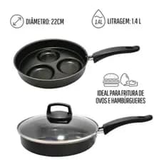 Frigideira 3 ovos, bacon, ou hambúrguer antiaderente C/ ou S/  Tampa de vidro 22 cm