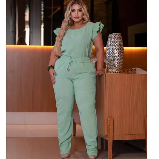 Conjunto Feminino Plus Size em Linho Algodão Casual Social De Blusa Calça Cores Primavera Verão 2025 Roupa Feminina
