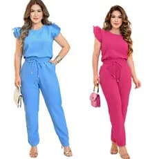 Kit 02 Conjunto Feminino Casual Social Elegante Blusa Calça em Linho De Algodão com Babado Na Manga Cores Verão 2023 Roupa Feminina Uniforme Festa Barata Oferta Imperdível