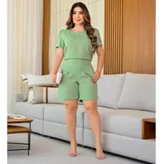 Conjunto Feminino Casual Bermuda Short Blusa em Linho De Algodão Cores Primavera Verão 2025 Roupa Feminina Oferta