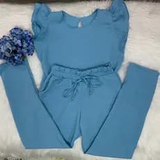 Conjunto Feminino Casual Elegante Blusa Calça em Linho De Algodão Com Babado Na Manga Cores Primavera Verão 2023 Roupa Feminina Festa Barata Promoção