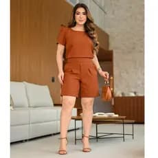 Conjunto Feminino Sofisticado De Bermuda Short Blusa em Linho De Algodão Cores Moda Primavera Verão 2025 Roupa Feminina