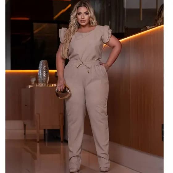 Conjunto Feminino Casual Sofisticado Calça Blusa Linho Plus Size Chique Básico Trabalho Roupa Feminina Promoção Oferta