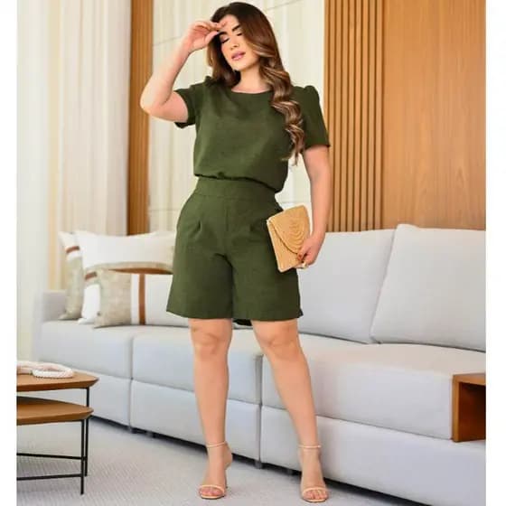 Conjunto Feminino Casual De Bermuda Short Blusa em Linho Algodão Cores Moda Primavera Verão 2025 Roupa Feminina Novidade