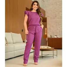 Conjunto Feminino 2 Peças Casual Elegante Blusa Plissada Calça em Linho De Algodão Com Babado Na Manga Lançamento 2025