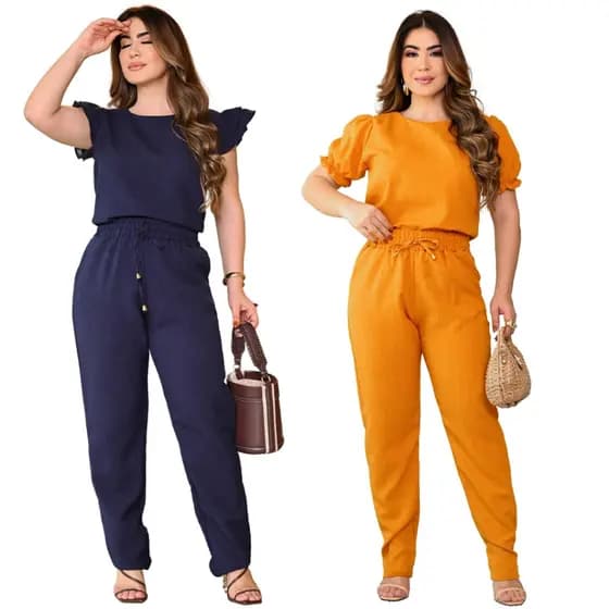 Kit 02 Conjunto Feminino Casual Sofisticado Elegante Blusa Calça em Linho Cores Moda Primavera Verão 2025 Lançamento