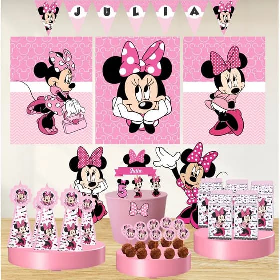 Kit festa em casa só um bolinho Minnie Rosa - kit bolinho Minnie Rosa - Topo de bolo Minnie rosa