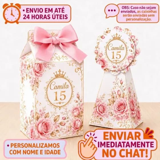 Caixa Milk e pirâmide 15 anos Flores  - Caixa Milk 15 anos Rose e Dourado - Lembrancinha 15 anos
