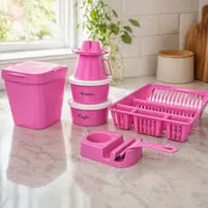 Conjunto de Cozinha Rosa: 02 Potes de 1200 ML (Café, Açúcar), Coador de Café 103, Lixeira de Pia 4,8 Litros