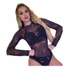 Body Blusa Tule Cereja Manga Longa Transparente Feminino
