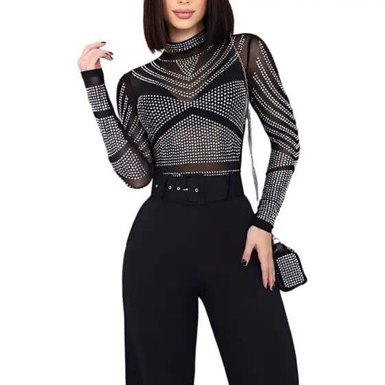 Body Feminino Strass Brilho Aplicações  Frente E Nas Mangas