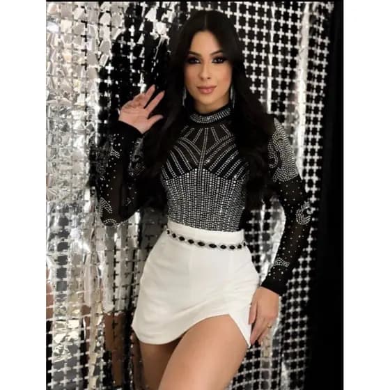 Body Bodie Tule Manga Longa Com Aplicações Em Pedraria Strass Plus Size P M G  GG G1 G2 G3