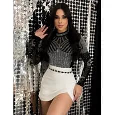 Body Bodie Tule Manga Longa Com Aplicações Em Pedraria Strass Plus Size P M G  GG G1 G2 G3