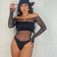 Body Ciganinha Ombro à Ombro Tule Arrastão Strass Pédraria Manga Longa Moda Feminina Sensual Elegante