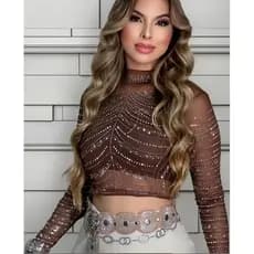 Cropped Pedraria Manga Longa Tule Brilho Strass Balada Rave Festa