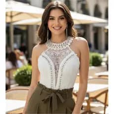 Body Feminino Blusa Bordada Social Decorado Renda Perolas