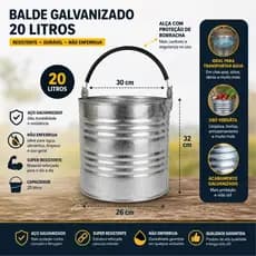 Balde De Agua Aco Galvanizado 20 Litros Com Alca Revestida de Borracha Resistente e não Enferruja