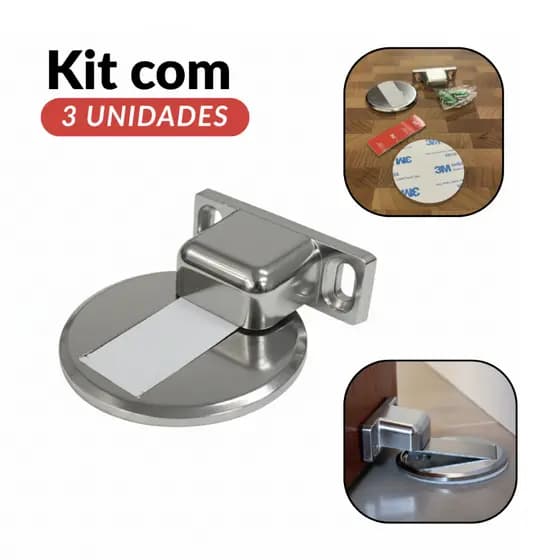 Kit 3 Fixador Prendedor de Porta Magnético Slim Aço Cromado Baixo Relevo