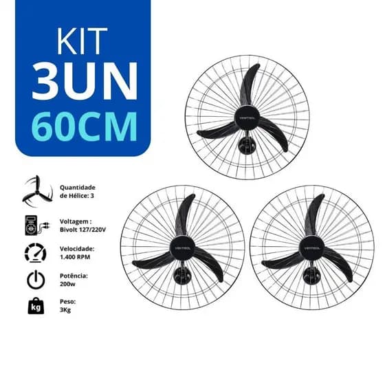 Kit 3 Ventilador de Parede Oscilante 60cm 200w Bivolt Preto Ventisol