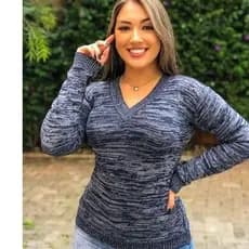Blusa Em Trico Gola V Manga Longa Mesclada