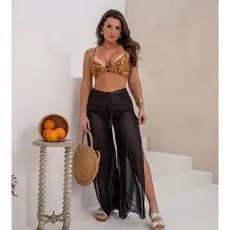 Saída de praia calça feminina lisa com fenda na lateral saida de banho verão