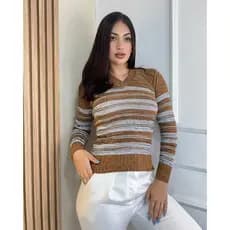 Blusa Gola V Suéter de Manga Longa em Trico Inverno