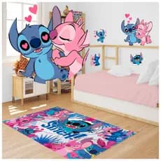 Kit completo de quarto Tapete Antialérgico + Adesivo Lilo & Stitch Feito em Lona 1.40M X 1.00M Decoração para Quarto