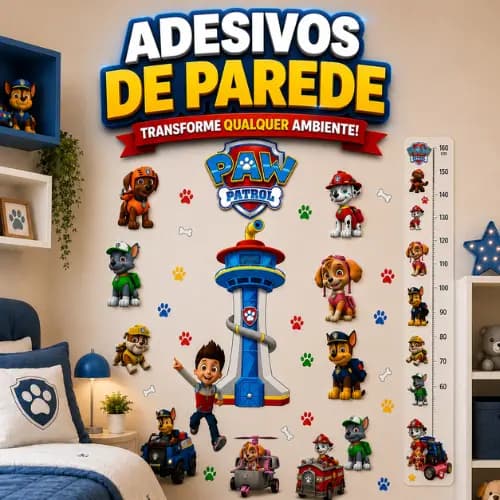 Kit Patrulha Canina Adesivo De Parede + Régua De Crescimento Infantil Decoração Quarto Menino Completo