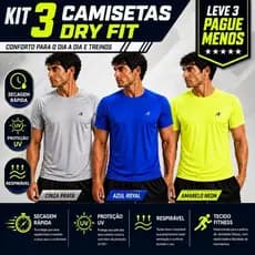 Kit com 3 Camisas Dry Fit Masculina Esportiva Academia Treino